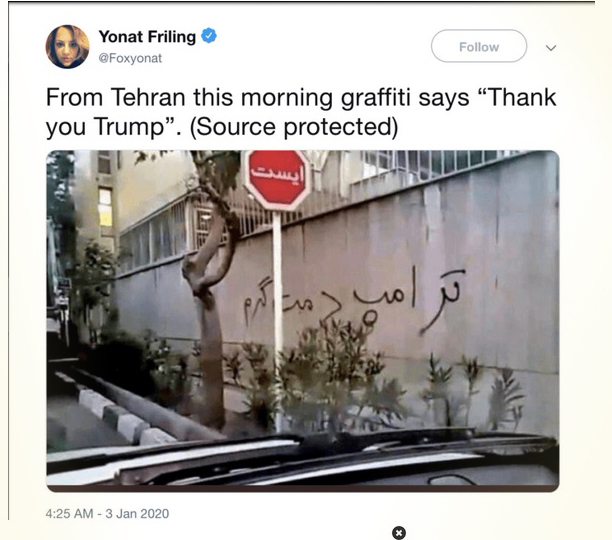 Yonat Friling tweet on Iranian people thanking trump for Soleimani's terror